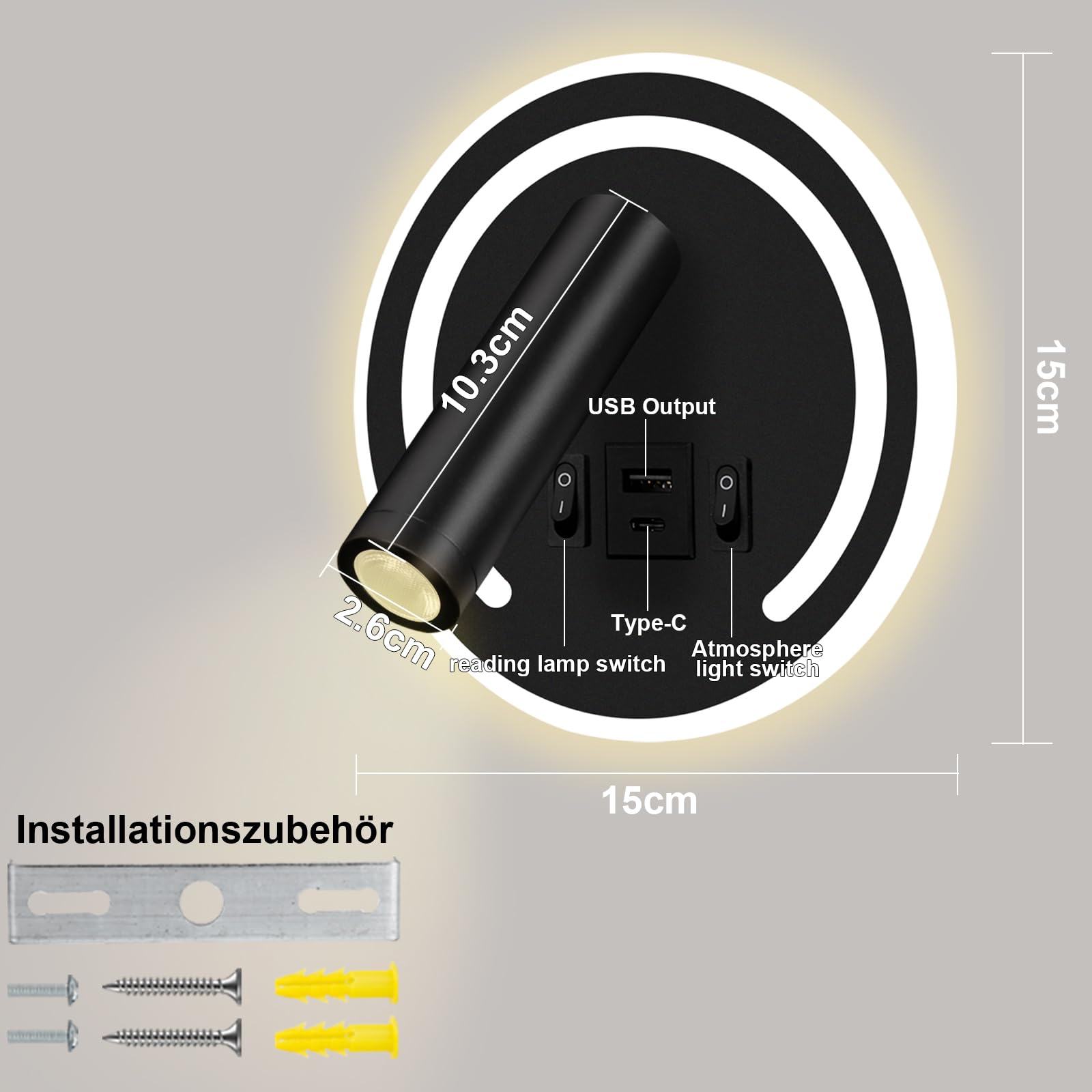 HUIZHOU applique liseuse 3W + 9w LED lampe de lecture, port de charge USB, lampe de chevet rotative 3000k pour chambre à coucher, escalier, couloir, Bureau (Rond noir)