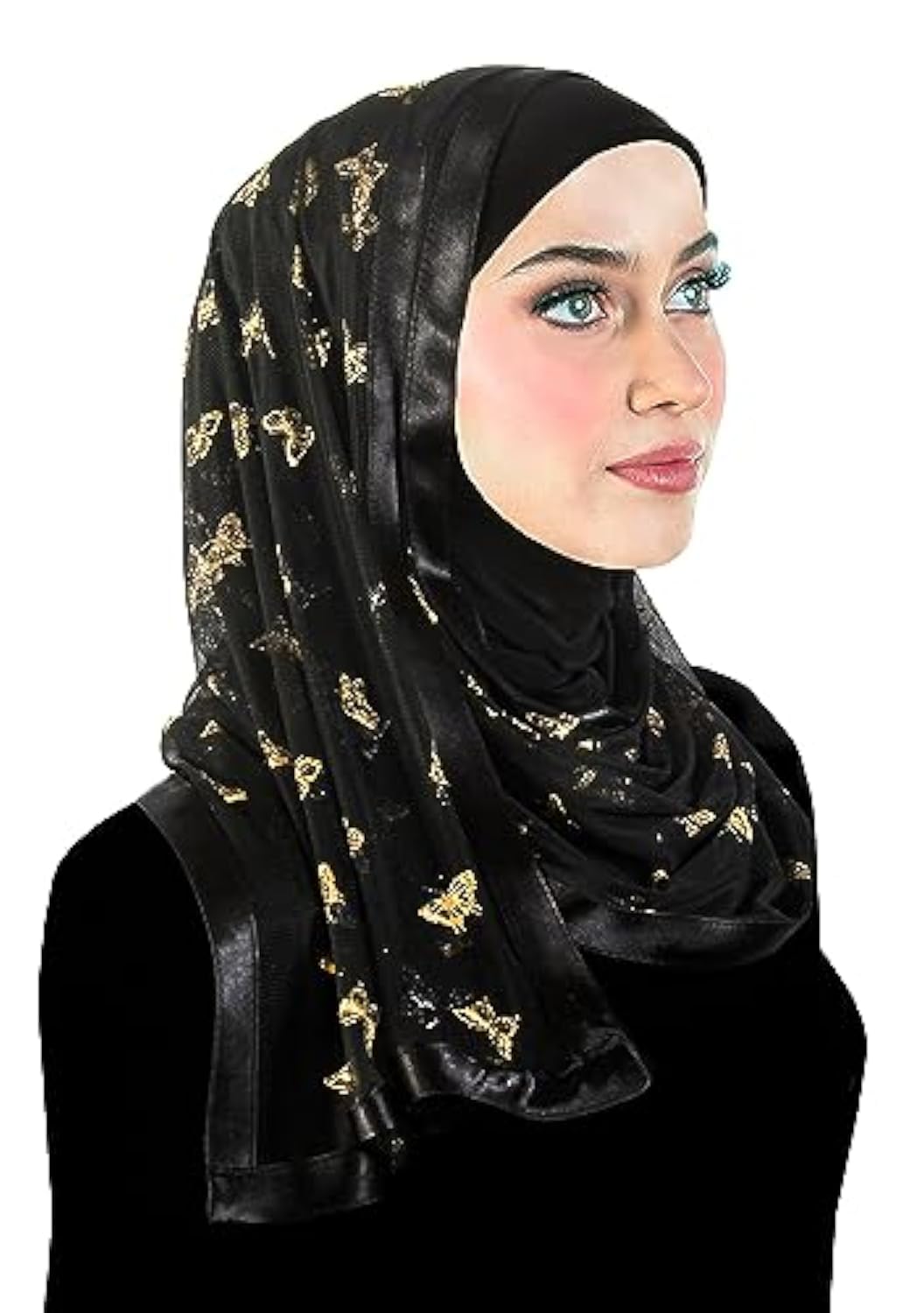 Middle Eastern Mall Stylish Mona Hijab Women's Black Kuwaiti with Chiffon Wrap Shawl & Satin Trim