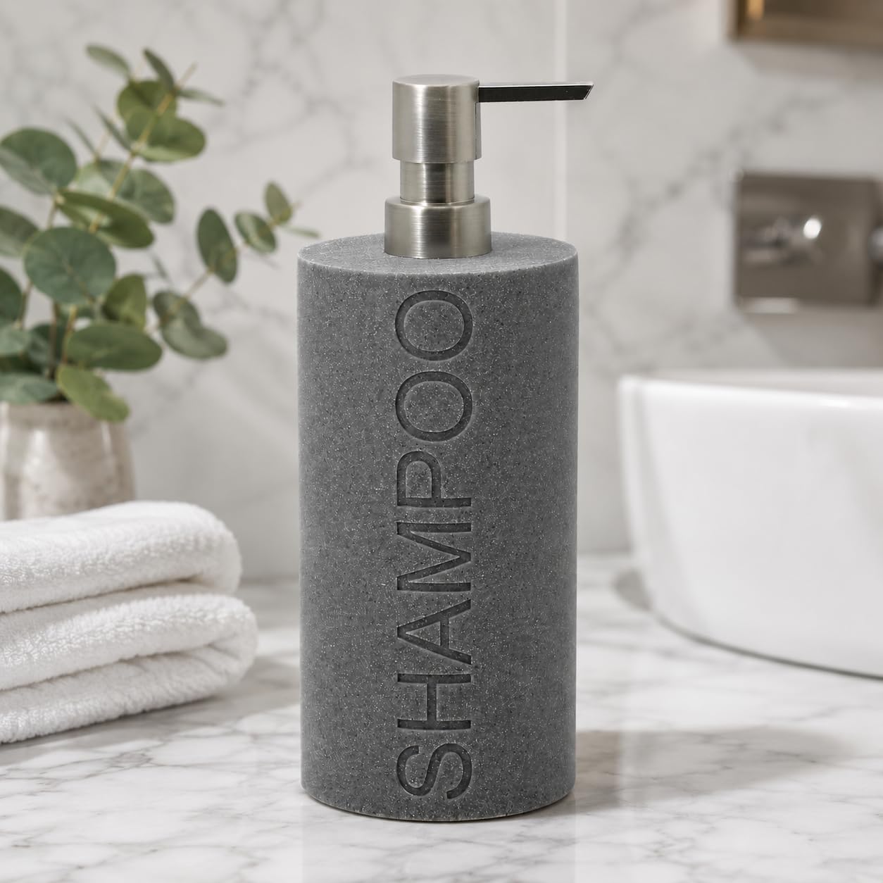 Resin Neutral Gray Sandstone Shampoo Engraved Bottle Refillable Pump Dispenser, Durable Waterproof Resin Construction for Bath, Shower - Gray Sandstone Satin Nickel Pump