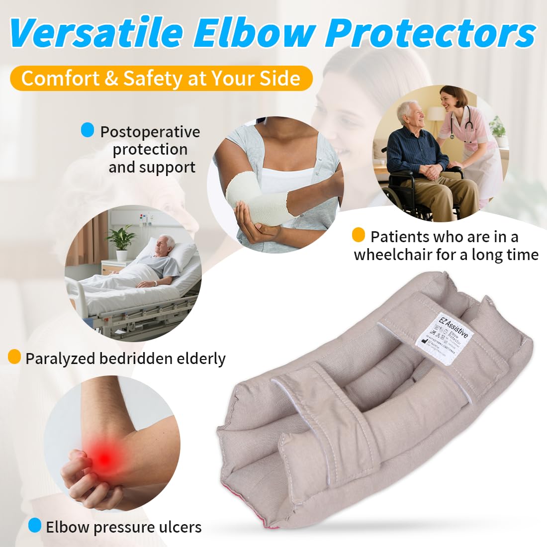 EZ Assistive Coderas protectoras de soporte de codo para ancianos y pacientes postrados en cama, protector de codo con fibra suave, 1 unidad