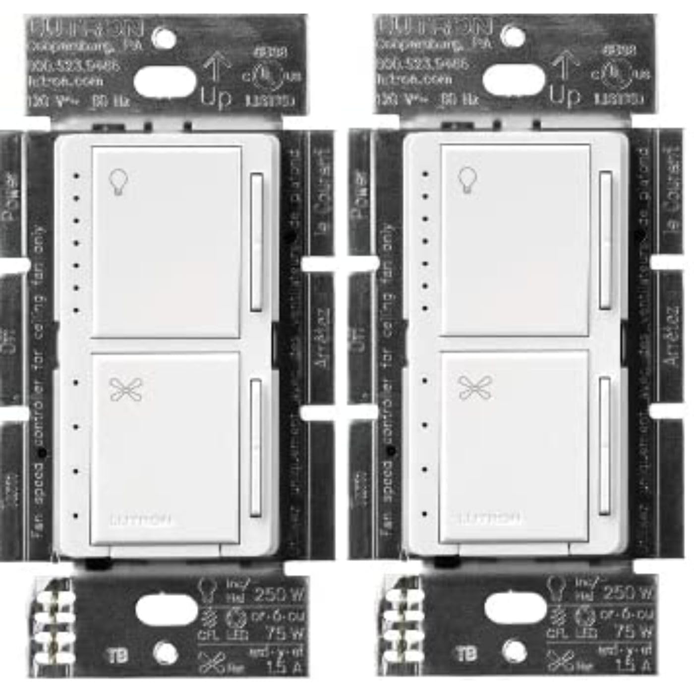 Lutron Maestro Fan Control and Light Dimmer for Dimmable LEDs, Incandescent, and Halogen Bulbs, Single-Pole, MACL-LFQ-WH, White (2-Pack)