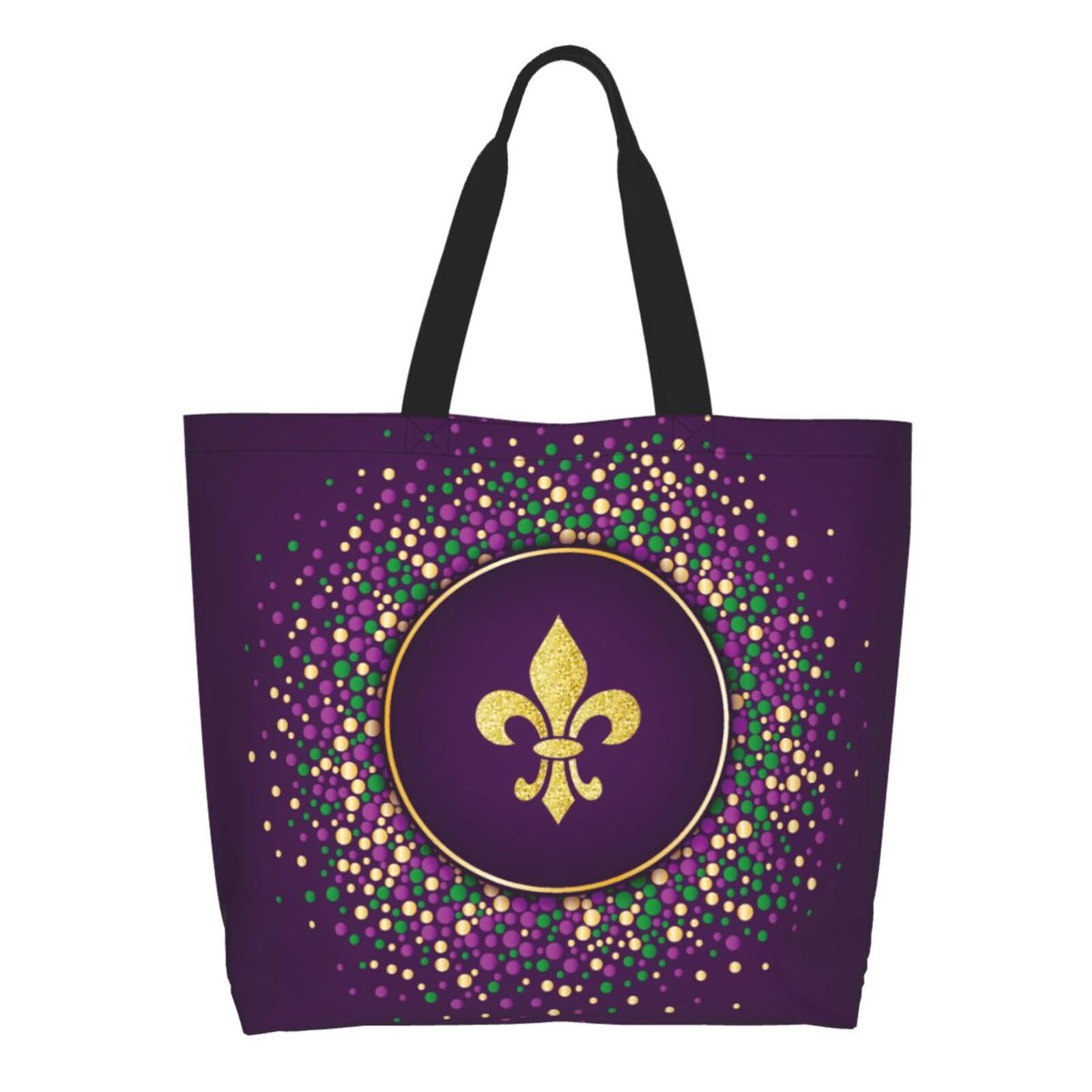 GVGOAGL Purple Green Fleur De Lis Tote Bag For Women, Shoulder Bags Big Reusable Grocery Handbag For Travel Gym Picnic