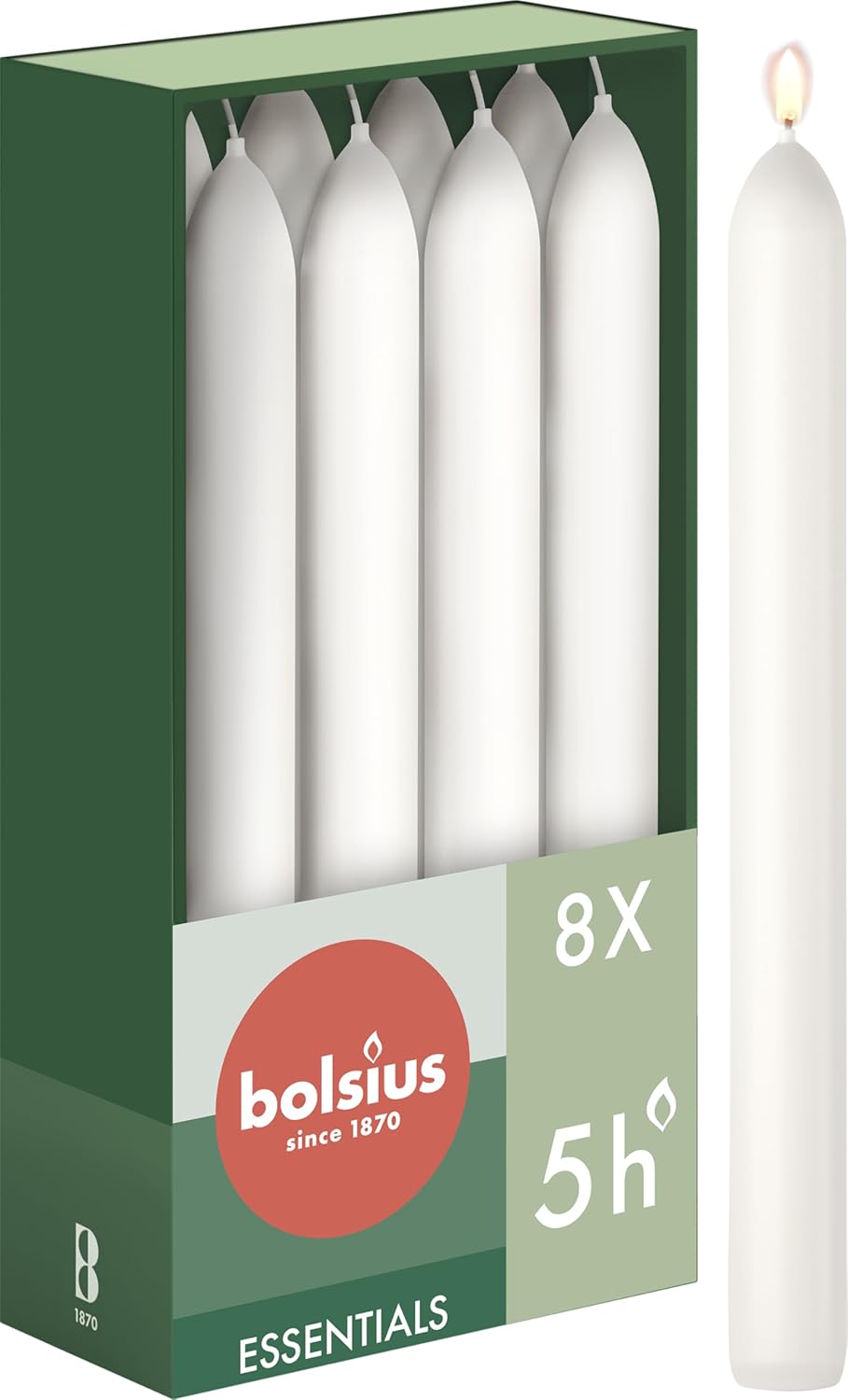 Bolsius Tapered Dinner Candles – White – 8-Pack – 17 cm – Long Burning Time of 5 Hours – Unscented – Includes Natural Vegan Wax – Without Palm Oil