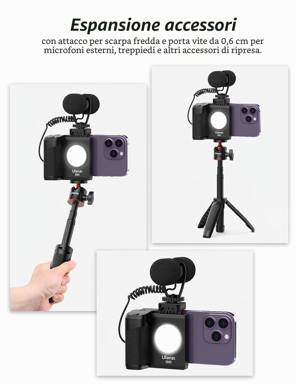ULANZI CapGrip CG02 Smartphone Grip, Impugnatura per Smartphone con Telecomando Bluetooth, iPhone Camera Grip con Luce Regolabile su 3 Livelli per Catturare Selfie