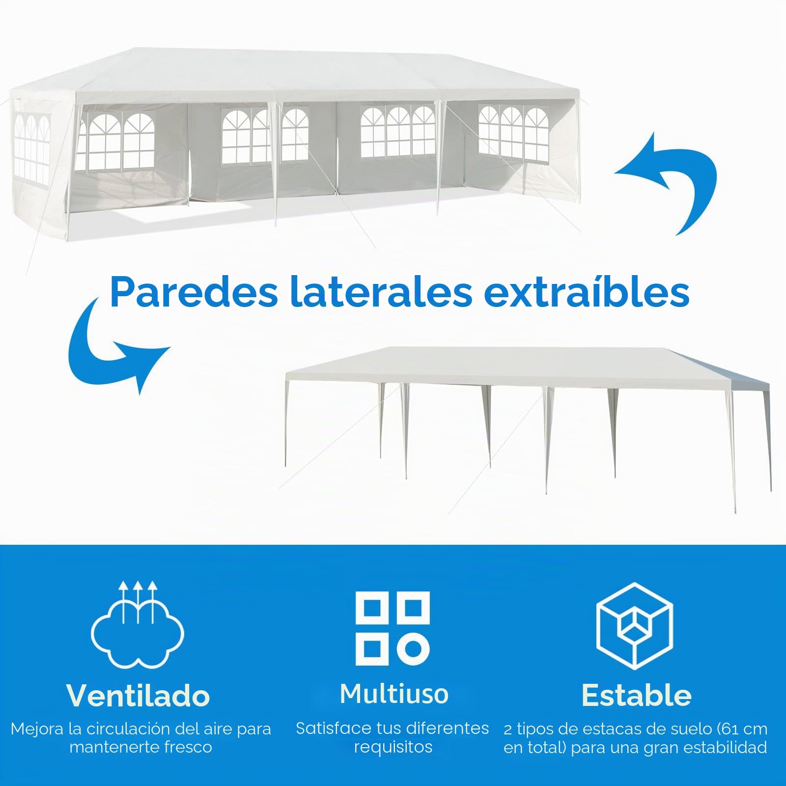 KOMFOTTEU Carpa Plegable 3 x 9 m, Cenador de Jardín con 5 Paredes Laterales Extraíbles y Ventanas, Carpa para Fiesta con Protección UV, Tienda Portátil para Eventos, Bodas, Blanco (3 x 9 m, 5 Paredes)