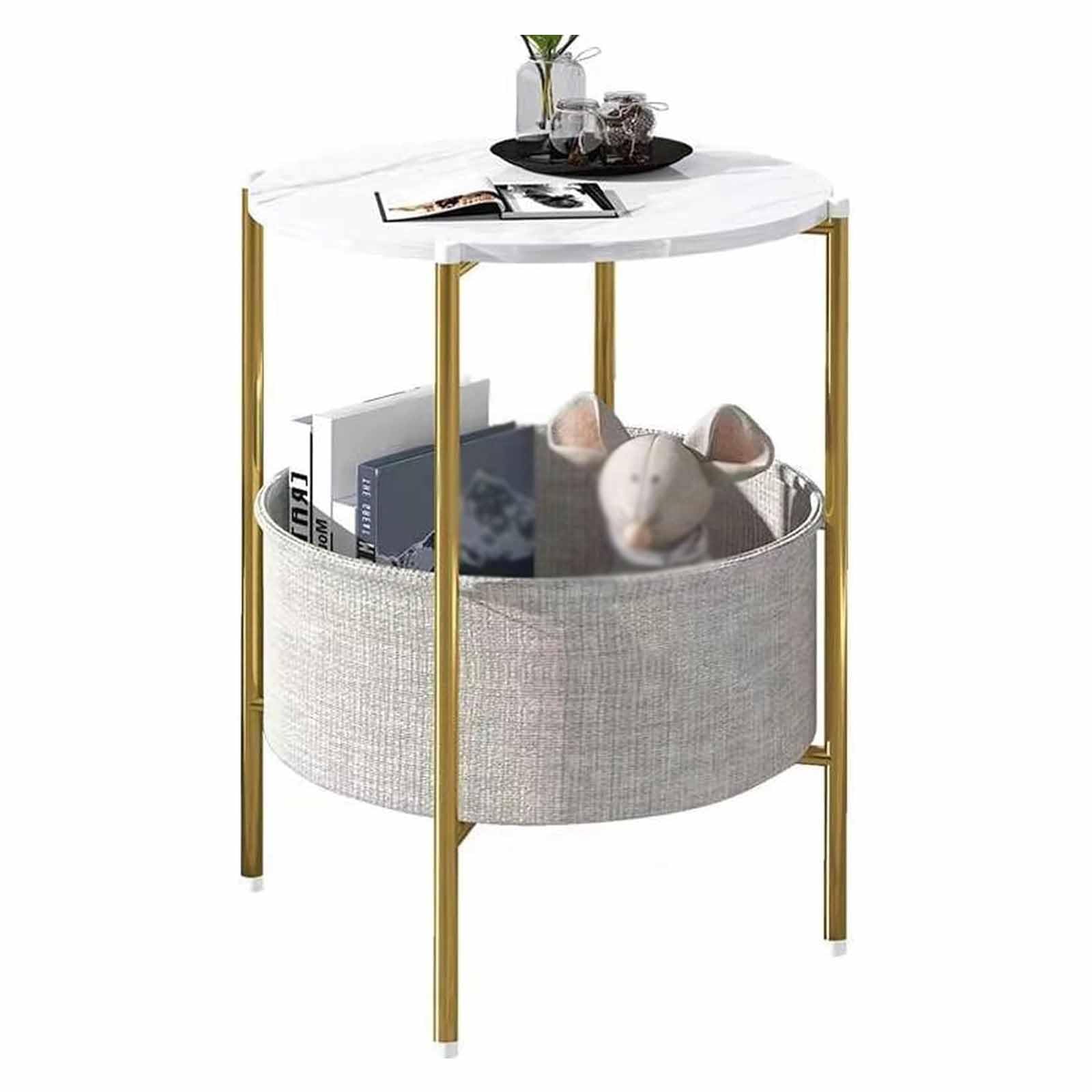 SXZenSpace Round Side, End Table with Fabric Storage Basket, Metal Small Bedside Nightstand Removable Tray Top, 2-Tier Couch Snack for Nursery, Living Room,White 2
