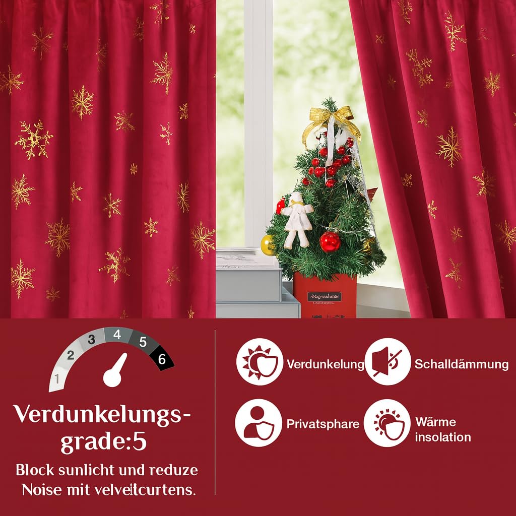 Weihnachtsvorhänge Samt mit Schneeflocken Goldfolie Muster, 2er Set H244xB132cm Schöne Samtvorhänge Kräuselband, Blickdicht Gardinen Thermovorhang für Wohnzimmer Schlafzimmer (Weihnachtsrot)