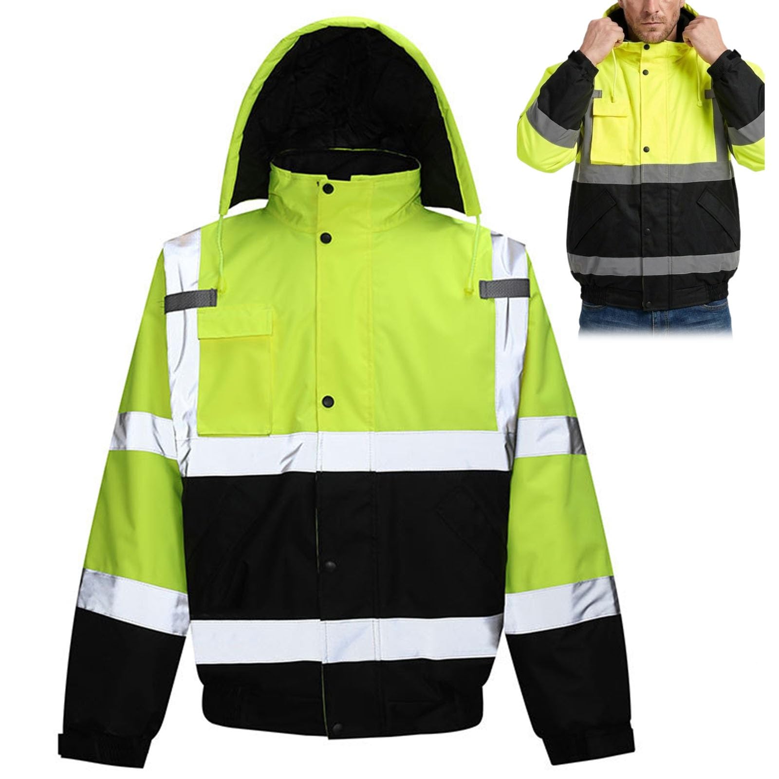 Chaqueta Alta Visibilidad Invierno Hombre, Chaqueta De Trabajo Reflectante | Forro Grueso De Algodón, Cuello Alto Cortavientos, Diseño Con Capucha, Cierre De Cremallera Suave(S)