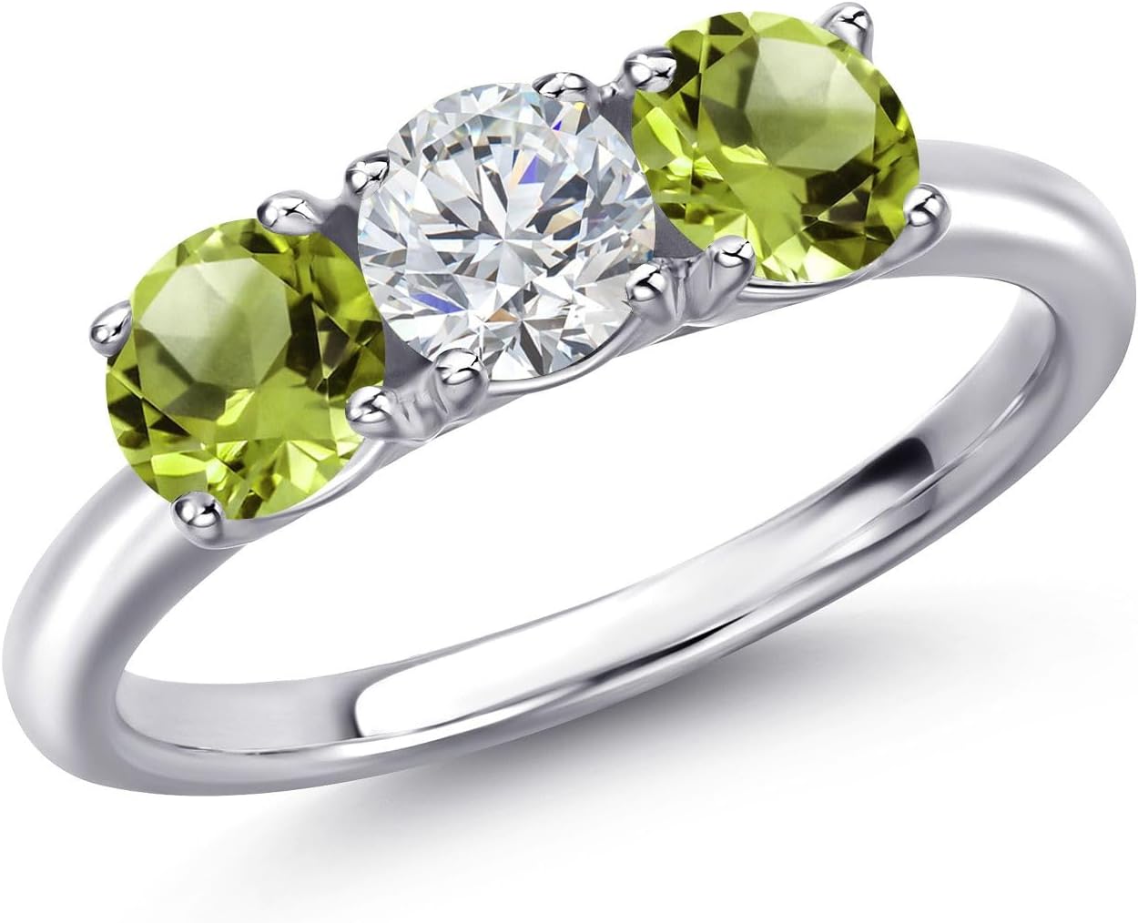 Gem Stone King 1.60 Cttw Lab Grown Diamond and Green Peridot 3-Stone Engagement Ring For Women | 925 Sterling Silver | Round 5MM | 3 Stone Wedding Engagement Anniversary Ring For Women
