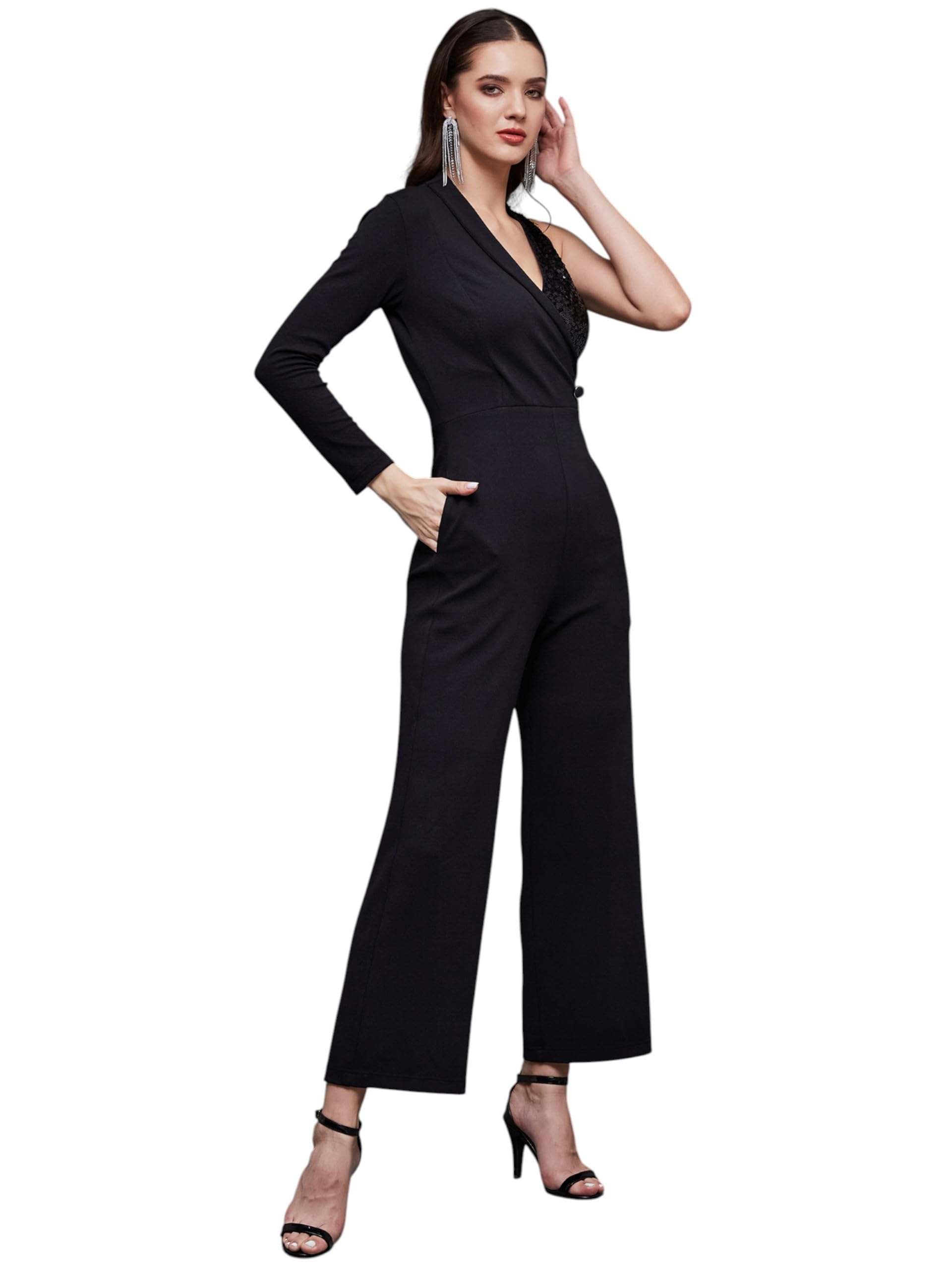miss chase Women's Halter Neck Sleeveless Solid Wide Leg Sequin Paneled Regular Length Jumpsuit-picture-51