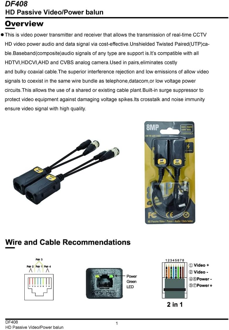 5 Pairs 8MP/4K Passive HD BNC Video Power Balun Transceiver Transmitter Via UTP RJ45 Cable AHD/TVI/CVI/CVBS Cable Connectors for 720P/960P/1080P/3MP/5MP/8MP CCTV Security Cameras