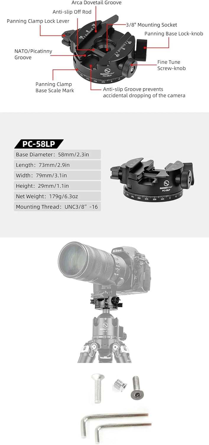 Sunwayfoto PC-58LP 58mm Lever/Panning 360° Clamp Compatible with Arca/Picatinny
