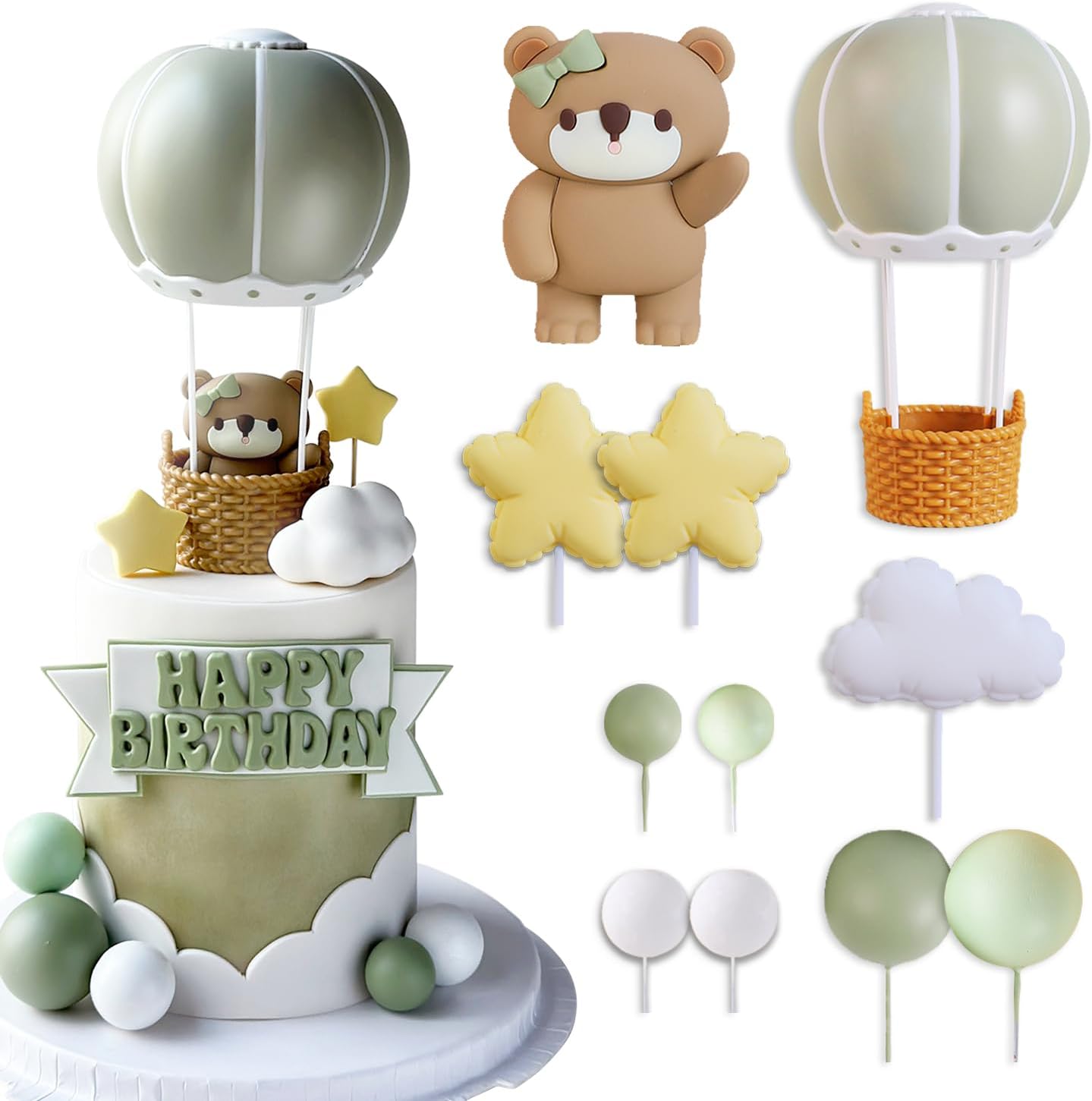 Bear Cake Topper Set for Birthday – Looking-Back Bear with Bow, Blue Hot Air Balloon with Basket, Blue Rocking Horse, White Cloud, Yellow Stars, Foam Balls – Whimsical and Cute Cake Decorations