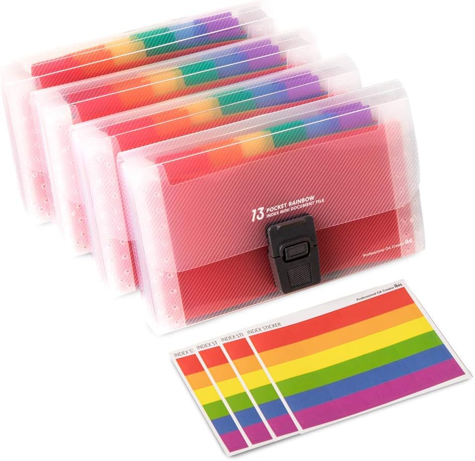 xutong4 Pack Mini Document File A6 7.1 x 4.45 x 1.1 Inch Rainbow Expanding Folder 13 Pocket File Organizer 12 Labels Index