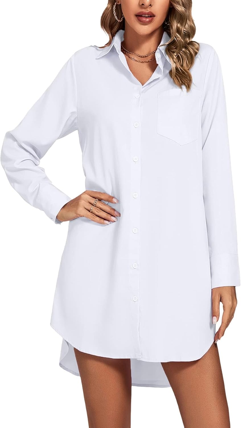 LYANER Women's Collar V Neck Button Down Long Sleeve Cruved Hem Shirt Dress - Image 5