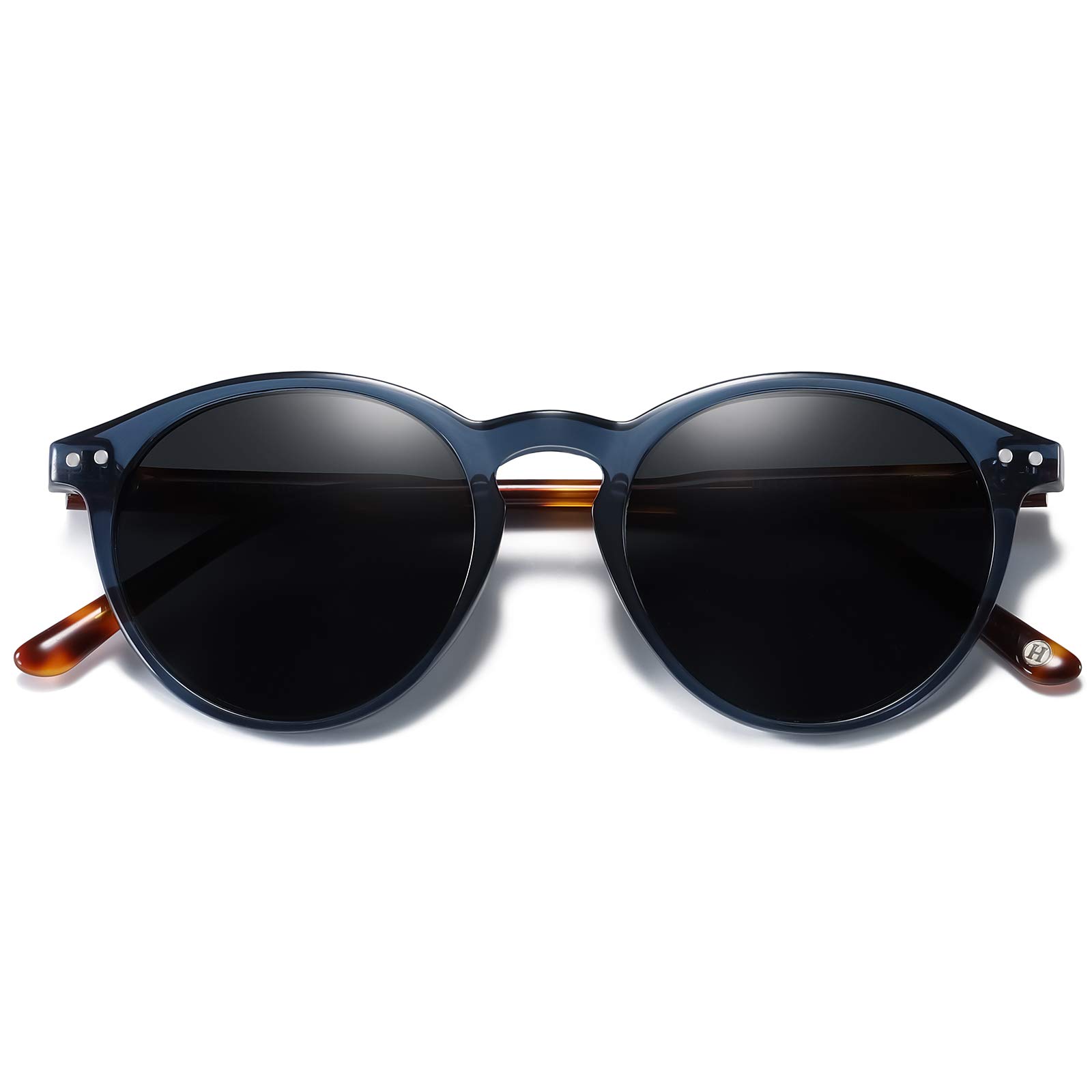 H HELMUT JUST Gafas de Sol Hombre Mujer Redondas Polarizadas Vintage Amarillo Lente Azul TR90 y Acetato