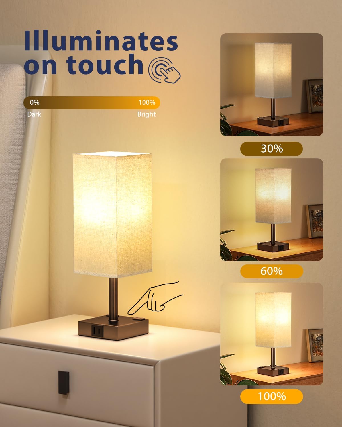 Brown Touch Table Lamp for Bedroom - Dimmable, USB C+A, 2 AC Outlets | 3-Way Dimming, 3000K Bulb Included, Square Brown Lampshade and Black Base, Desk Lamp for Nightstand, Living Room, Dorm thumbnail