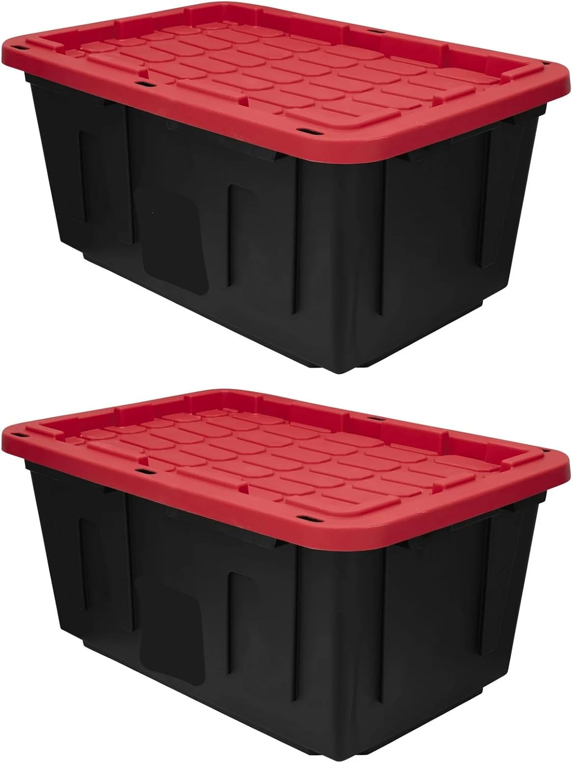 Large Storage Bin (2-Pack) 27 Gallon Plastic Storage Container with Secure Snap-On Lid, Heavy-Duty Stackable Totes for Industrial, Garage, and Home Organization, Black and Red