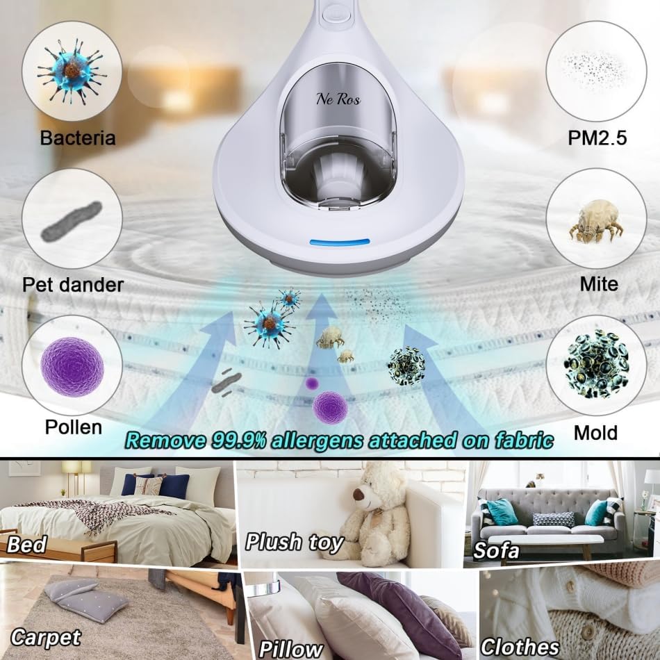 Miniatura 6 de Aspirador de cama de mano UV-C, aspiradora de alérgenos, limpiador profundo, filtro HEPA verdadero, almohadilla pulsante de gran tamaño, elimina el