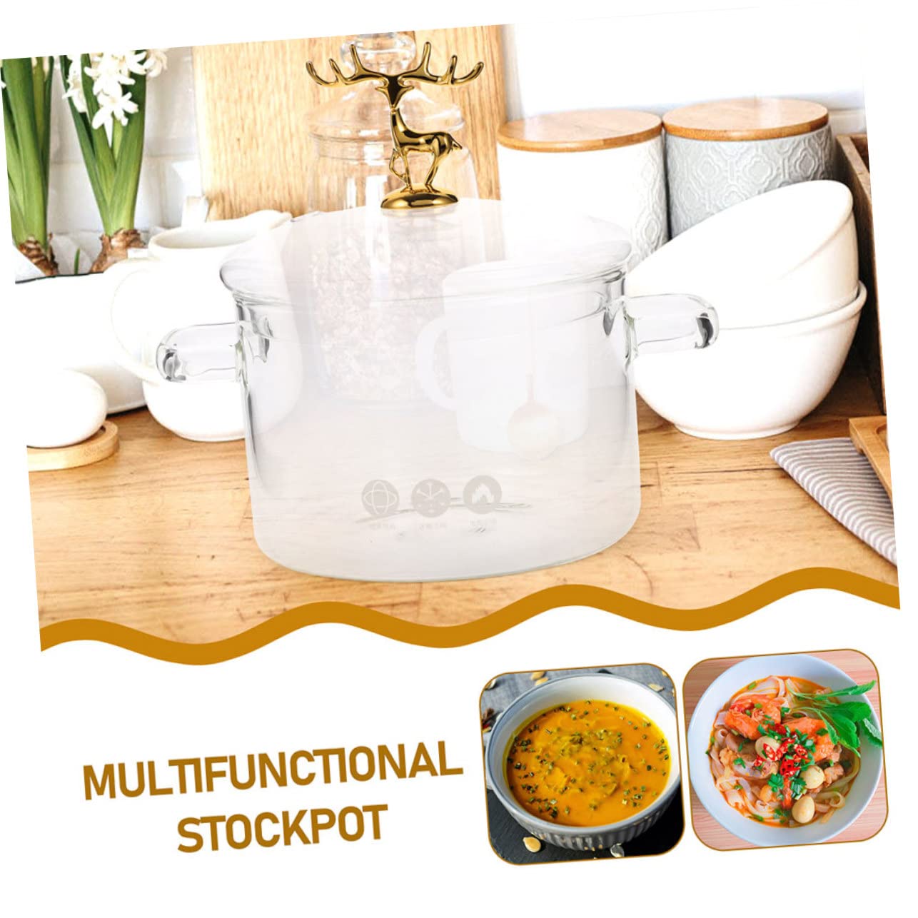 Hitzebeständiger Glas Instantnudeltopf 1900ml mit Elch Stil Deckel Transparent und Kältebeständig zum Kochen von Nudeln und Suppen im Haushalt