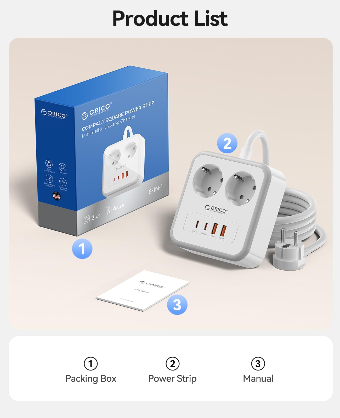 ORICO Regleta Enchufes con USB C 20W, Regleta de 3 Metros con 2 Tomas y 4 USB (2 USB-C), Diseño Compacto con Agujeros de Montaje y Pies Antideslizantes, 2500W, para Mesa o Pared, Blanco - APD — view 8