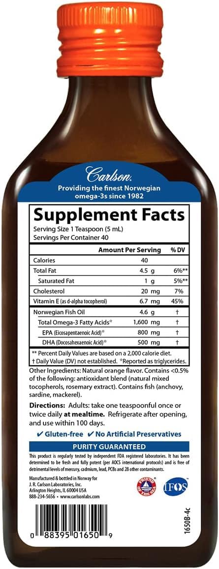 Tudor Carlson, el mejor aceite de pescado, de origen sostenible en Noruega con 1600 mg de Omega-3, naranja, 200 ml