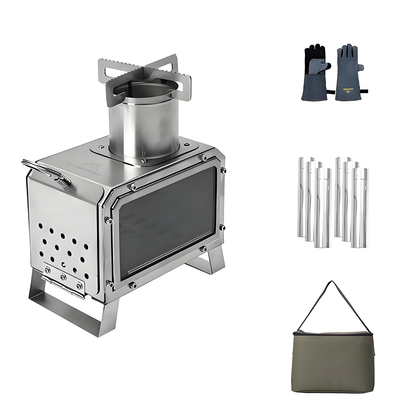 Stufa a Legna Portatile In Acciaio Inox con Finestra Resistente al Calore Riscaldamento Efficiente, Borsa Per Il Trasporto, Stufas da Campeggio Outdoor