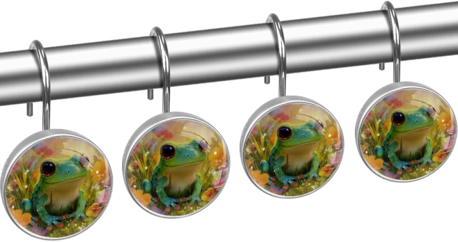 12 Packs Frog and Wildflowers Shower Curtain Hooks, Stainless Steel Glass Shower Curtain Rings for Bathroom Decor, Metal Rustproof Curtain Rod Hooks