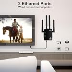 AC1200 WiFi Booster de signal d'extension, couvre jusqu'à 10000 FP et 60 Dispositifs, 1200Mbps Double bande 2,4GHz et 5GHZ WiFi Extendeur de portée, répéteur sans fil, booster Internet avec ports Ethernet, WPS Configuration noir
