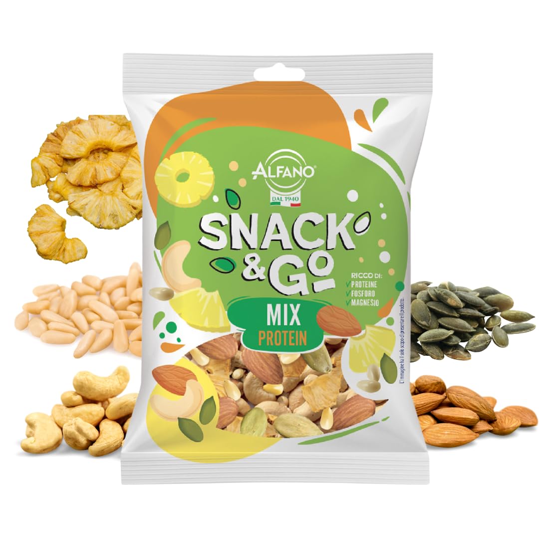 Alfano dal 1940 Mix Protein Snack & Go 20 Pacchetti Monoporzione da 25g Frutta Secca Anacardi Naturali, Ananas Disidratato, Mandorle Sgusciate, Pinoli e Semi di Zucca