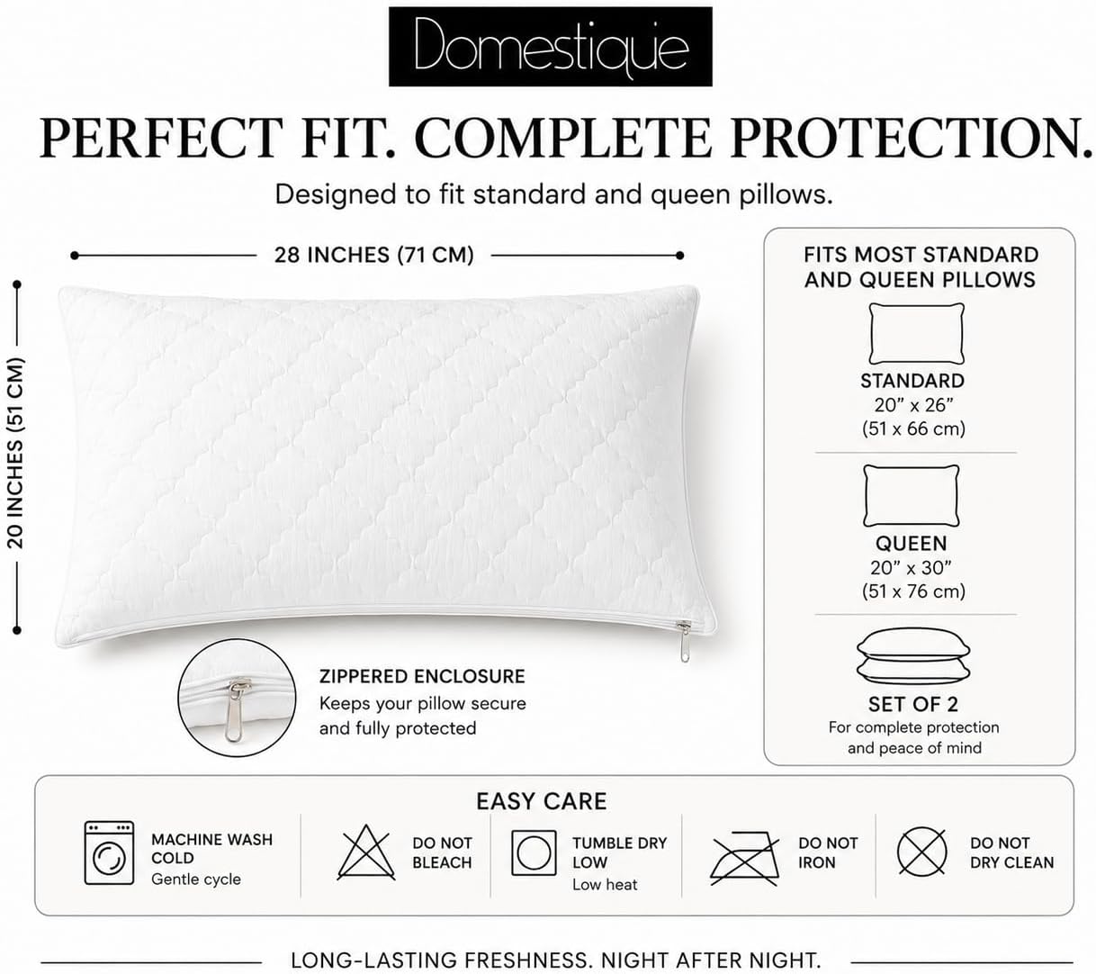 100% Cotton Waterproof Standard Pillow Protectors 2 Pack – Soft Breathable Noiseless Zippered Pillow Covers, Machine Washable Pillow Encasements