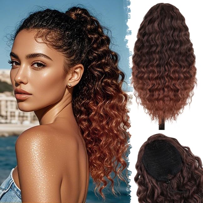 GKtineke Ponytail Extension Drawstring Ponytail for Black Women 18 Inch Long Afro Curly Fluffy Pony Tails Hair Extensions Synthetic Ponytail for Daily and Party(Ombre Brown)