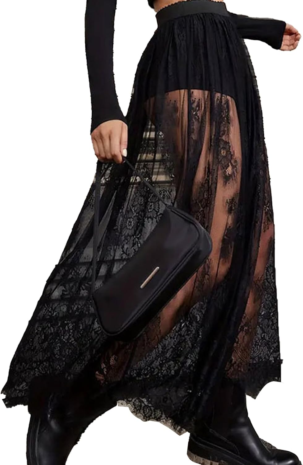 Women's Sheer Lace Maxi Skirt High Waist Sheer Mesh A Line Flowy Long Skirt - Image 6