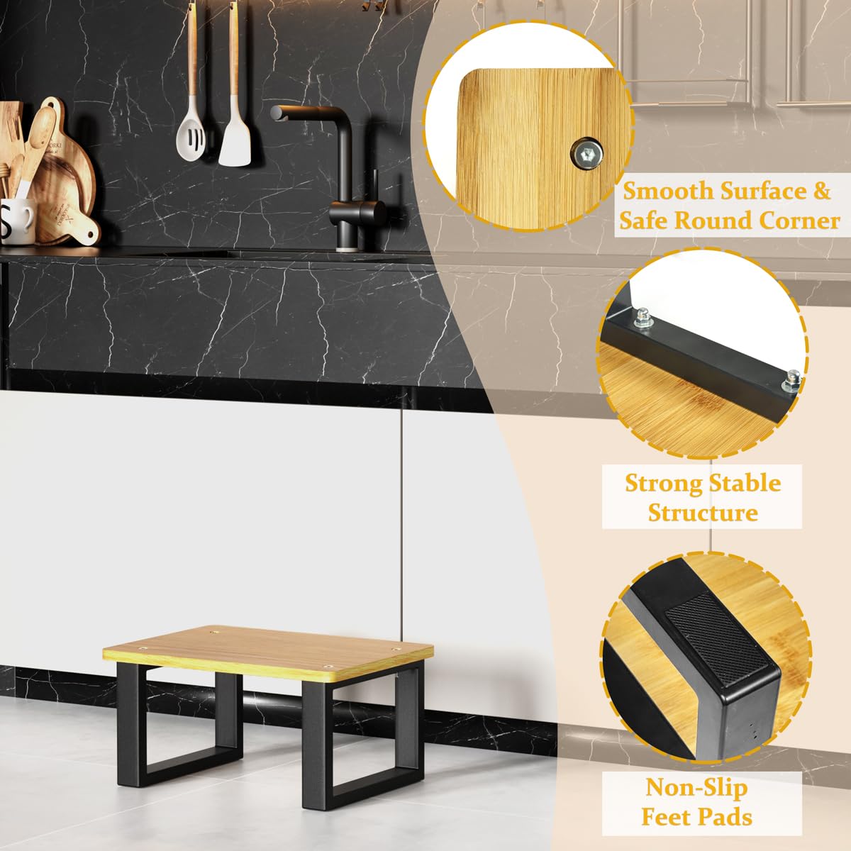 FESAS Mobility One Step Stool For Bathroom Convertible Wood with ABS Plastic Base, Shower Stool For Bed RV Kitchen Camping (Black) - Image 4