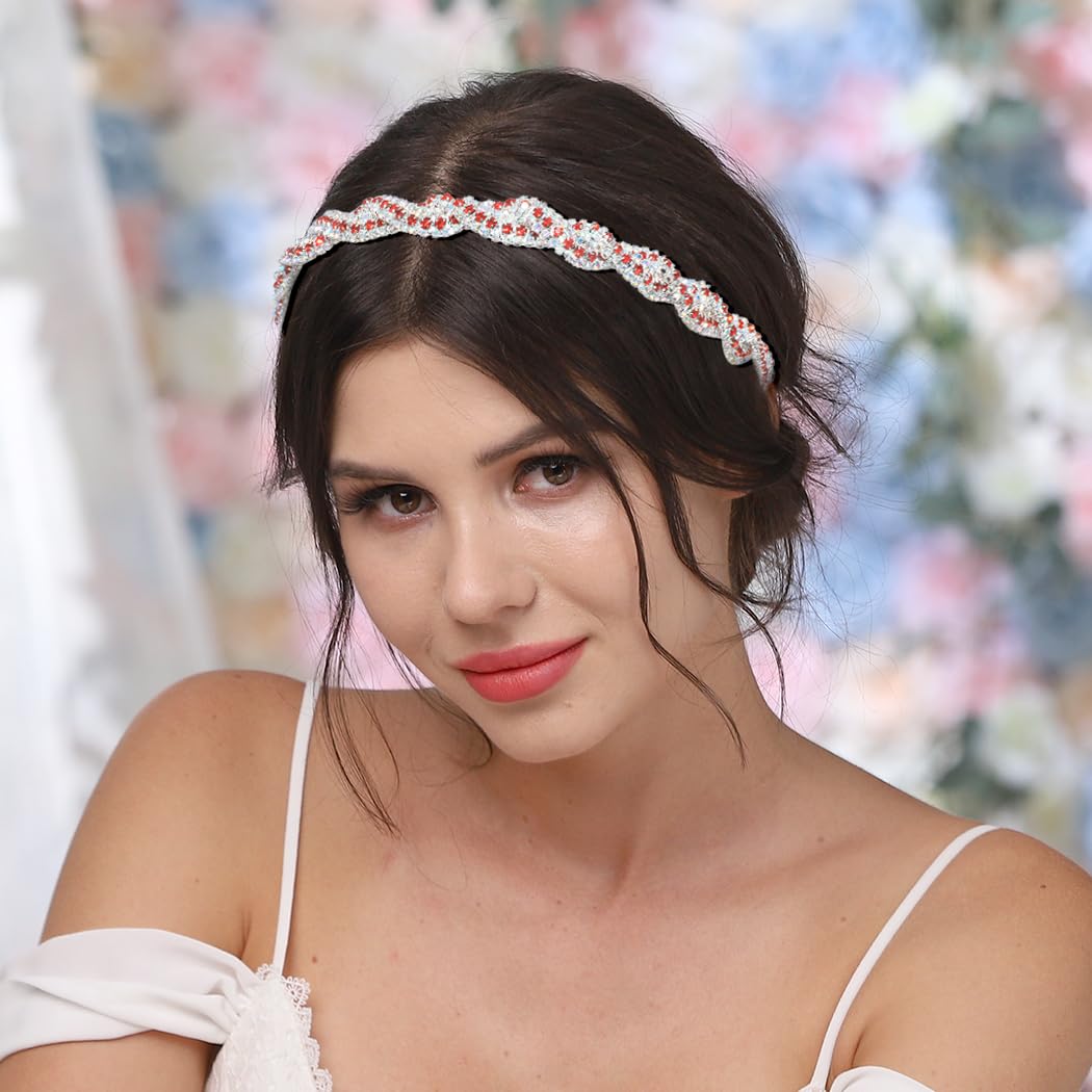 Women's Rhinestone Headbands Sparkly Elestic Hairband Vintage Metal Headbands Sparkly Elegant Party Daily Head Chain (Red-Silver, M) - Image 4