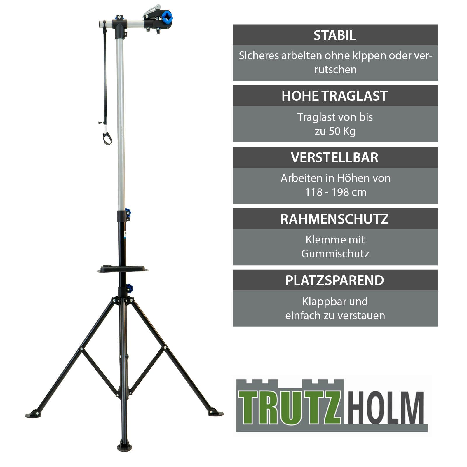TRUTZHOLM Fahrradmontageständer 360° drehbar höhenverstellbar 30 kg Traglast Stahl mit magnetischer Werkzeugablage schwarz für Fahrräder Mountainbikes E-Bikes