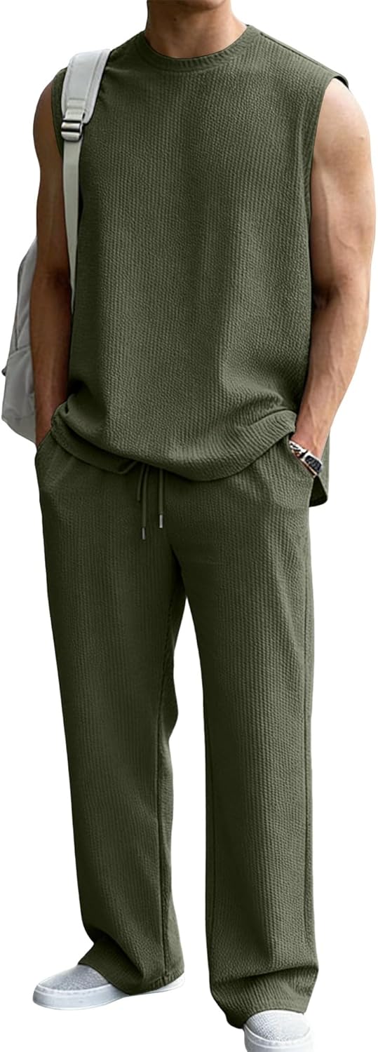 JMIERR 2026 Men 2 Piece Set Casual Tank Loose Fit Pants Elastic Textured Rib Beach Lounge Sleeveless Shirts