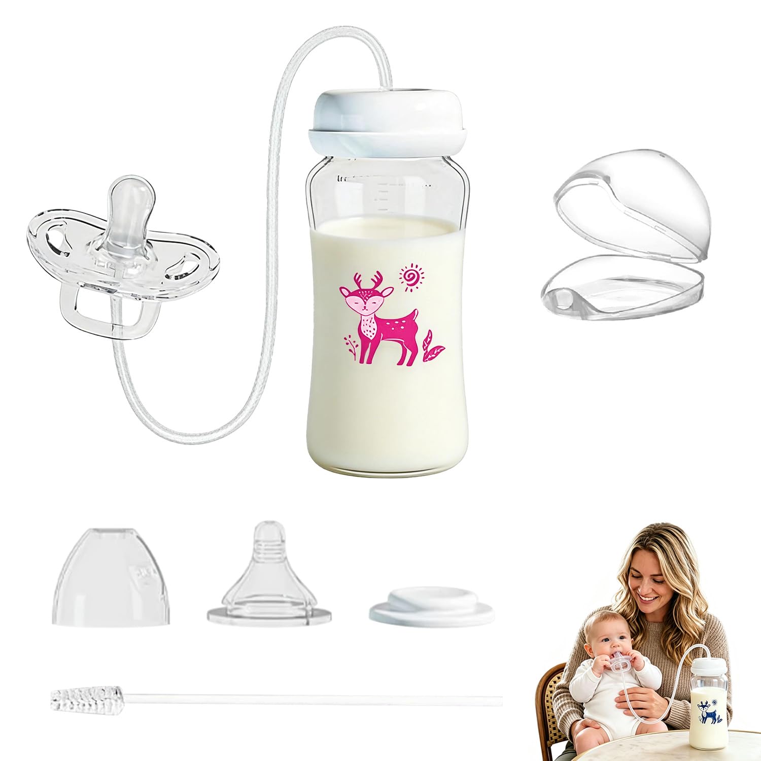Hands-Free Anti-Colic Baby Bottle with Nipple Straw 3 in 1 Hands Free Silicone Pacifier Bottles Feeder Leakproof Adjustable Fast Flow Newborn Breast Milk Self Feeding Bottle for Boys Girls (300Ml)