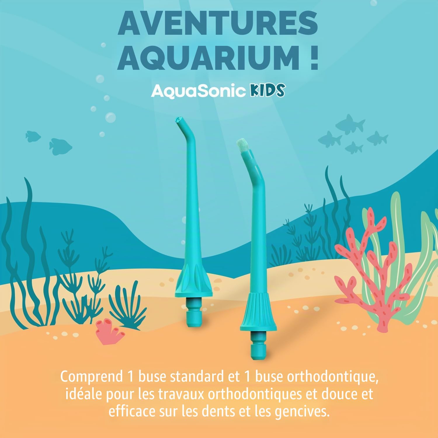 AquaSonic Hydropulseur pour enfants à partir de 6 ans | Buse standard, buse orthodontique et autocollants étanches | 4 modes de fil dentaire | Thème des aventures d'aquarium
