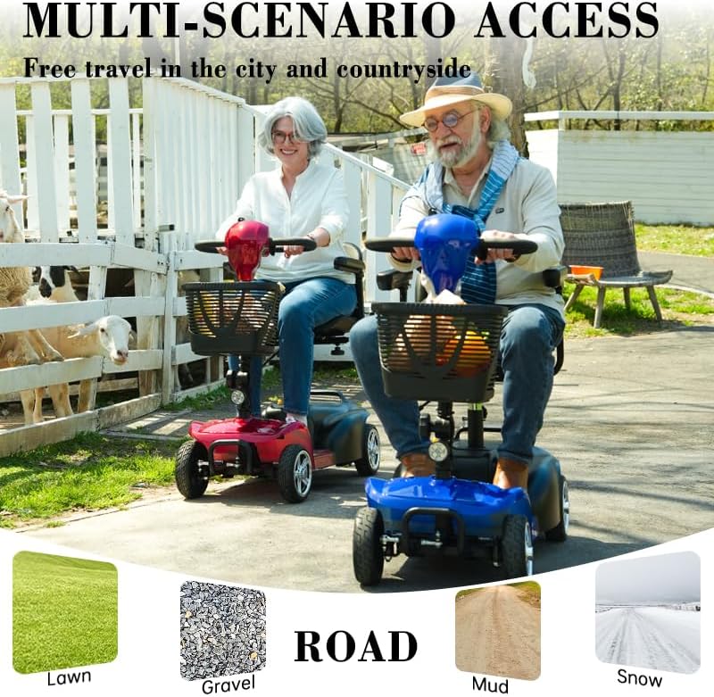 Two TOXOZERS Mobility Scooters, one red and one blue, being ridden on a path with different terrain icons like lawn, gravel, mud, and snow