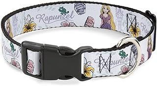 Buckle-Down Dog Collar Plastic Clip Rapunzel Castle and Pascual with Script and Flowers White 20 to 31 Inches 1.5 Inch Wide