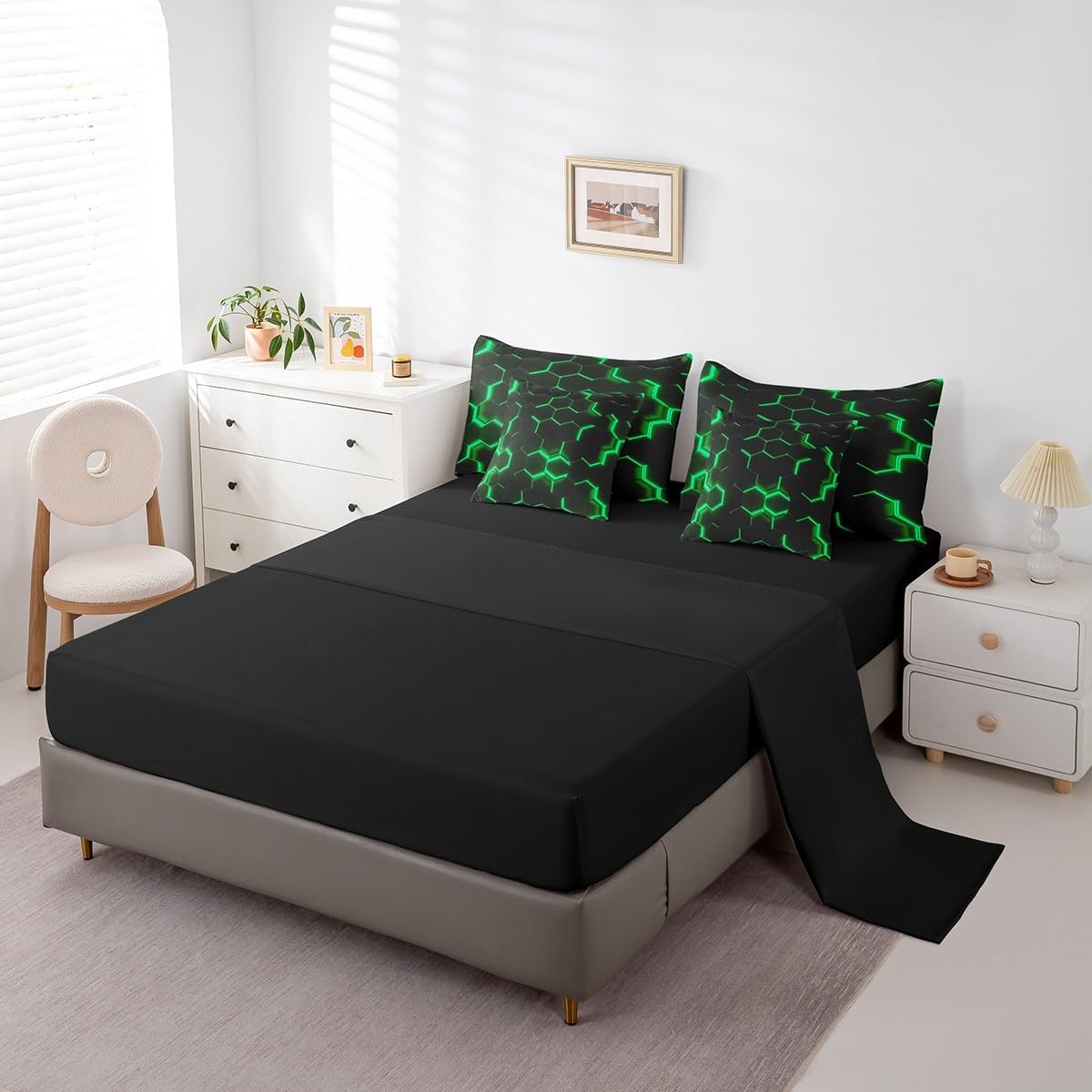Honeycomb 7 Piece Bedding Set Queen Size Geometric Comforter Set with Sheets Hexagon Theme Green Bed in a Bag Boys Teen Man Chic Bed Set