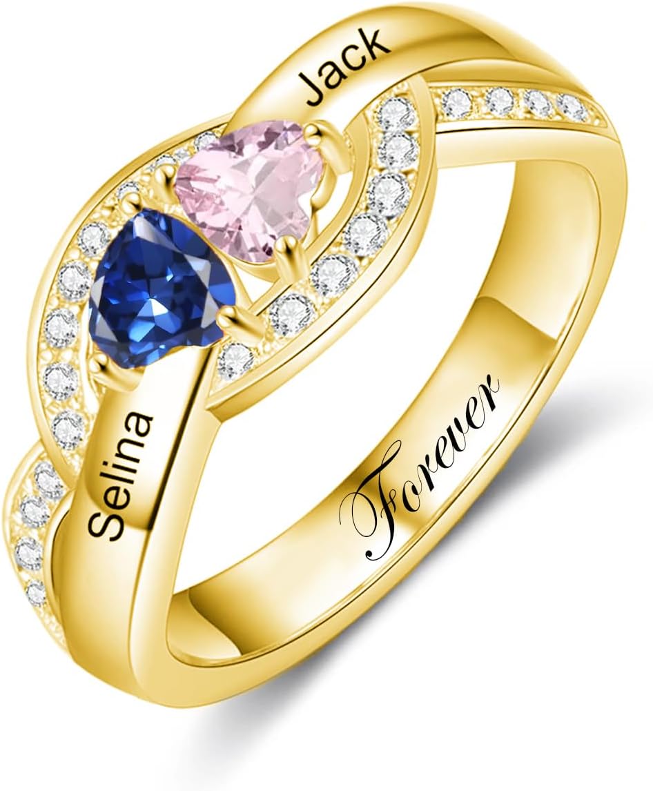 WSX Personalized Heart Birthstone Ring with 1-3 Birthstone 10K 14K 18K Gold Engraved Name Promise Rings Birthday Jewelry Gift for Women Her