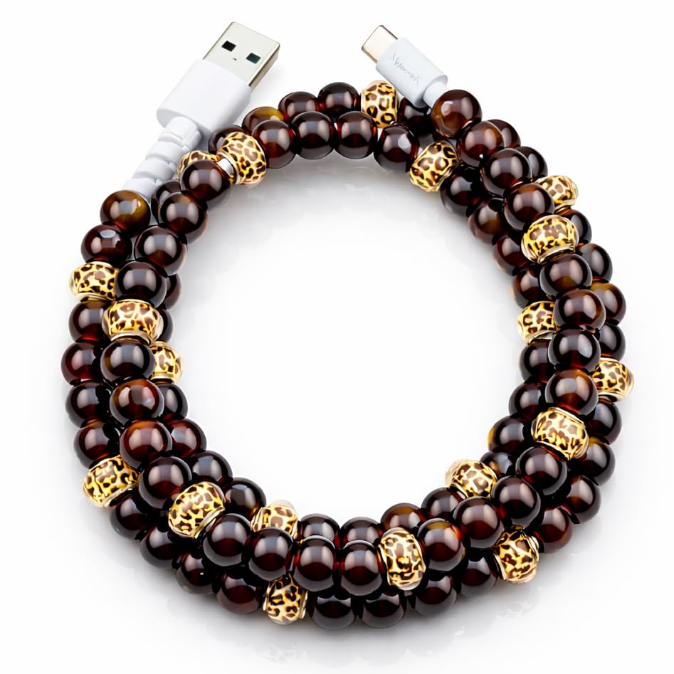 Image of Stylish Beaded Phone Charger Cable Colors USB Charging Cord for Smartphones (USB A to USB C, Leopard, 3.3ft)