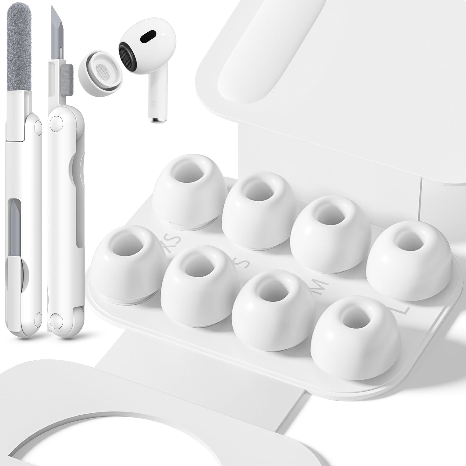4 Pairs Replacement Ear Tips for AirPods Pro 2nd/1st Generation with Portable Storage Box & Cleaner Pen,Noise Reduction Holewith & Built-in dust Guard Screen,Silicone Ear Tips for AirPods Pro (White)