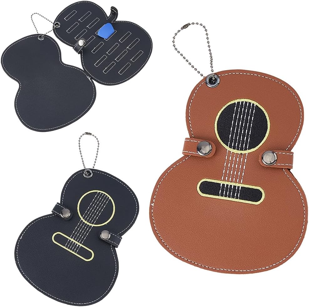 SUPERFINDINGS 2Pcs Custom Leather Guitar Shaped Pick Holder Guitar Pick Bag Keychain 2 Color Personalized Name Engraved Portable Guitars Picks Storage Bag Gifts for Stage Rehearsal Music Accessory