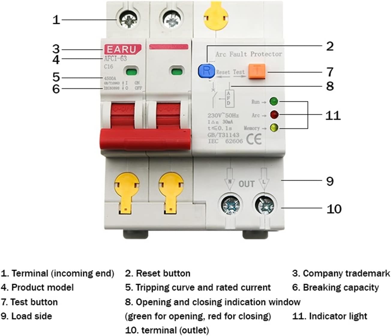 16A 2P Arc Fault Protector Circuit Breaker Interrupte Overload Earth Leakage Short Circuit Voltage Protection
