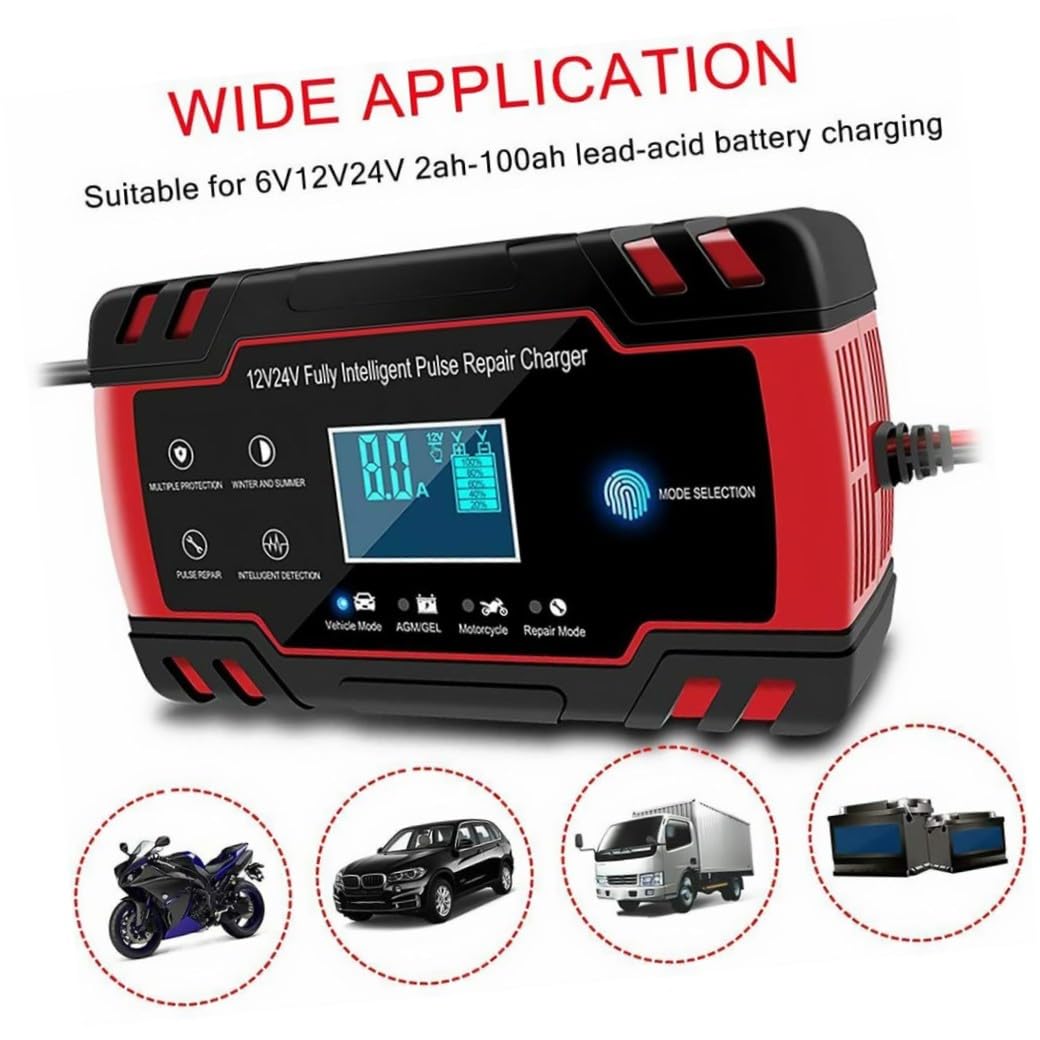 Chargeur de Batterie Intelligent Portable pour Voiture 12v/24v Affichage Numérique, Protection la Surtension pour Usage Extérieur