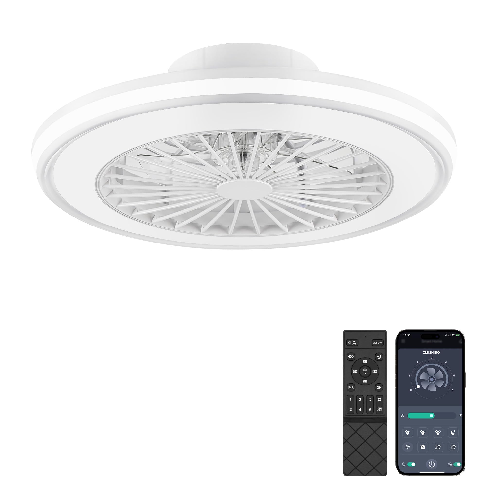 ZMISHIBO Ventilador de techo con luz silencioso 49,5 cm, ventilador sin aspas, 32W LED+16W motor DC, 6 velocidades, 3 temperaturas, APP y mando, temporizador, lámpara ventilador techo blanca
