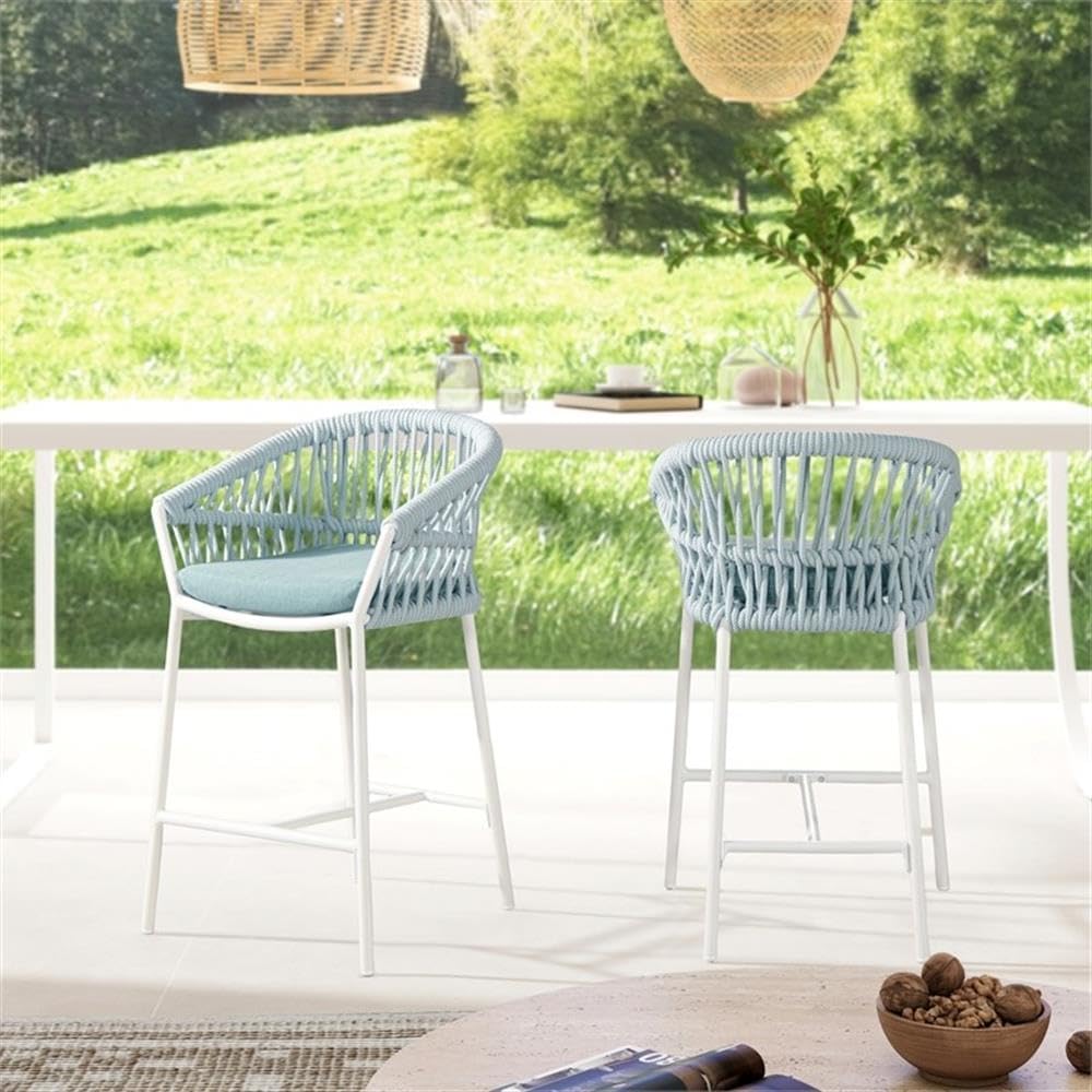 Pemberly Row Contemporary 27" Set of 2 Patio Counter Height Stools, Powder-Coated Aluminum and Rope Design, Sky Blue Olefin Cushions, Rust-Resistant Outdoor Chairs for Bar, Island, or Balcony Seating